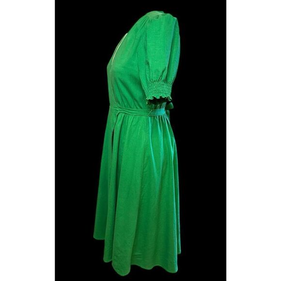 Alex Marie Womens 6 Kelly Green Midi Wrap Dress Short Puff Sleeves Linen Blend - Picture 4 of 10